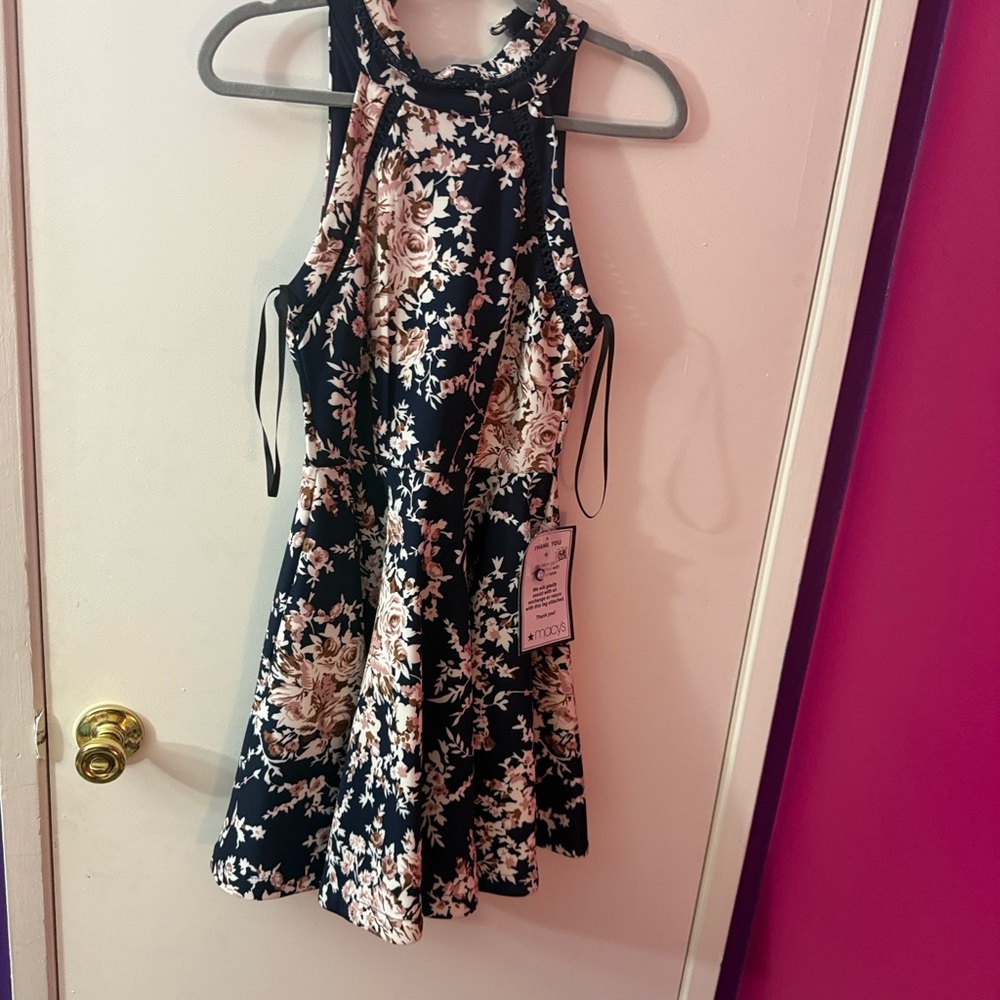 B Darlin Midnight Blue Dress with Floral Accents